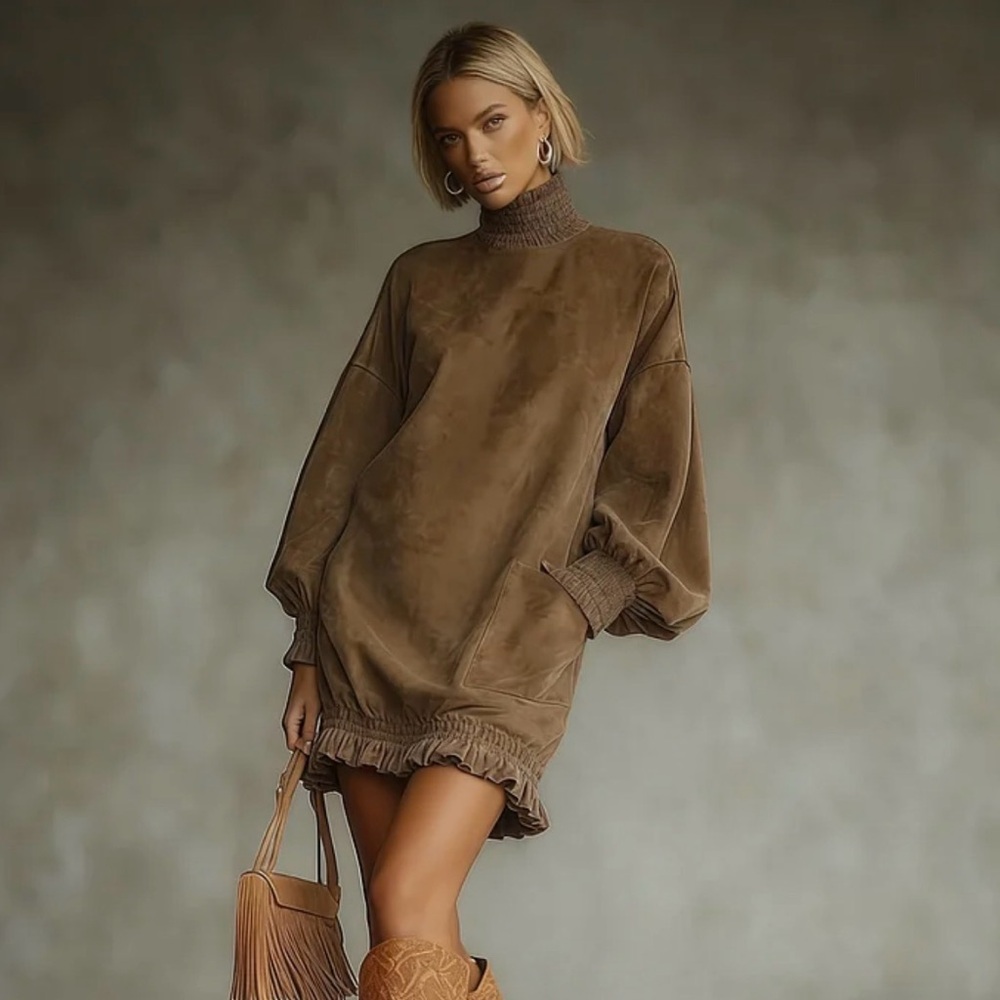 Elegant Brown Turtleneck Suede Dress NWT